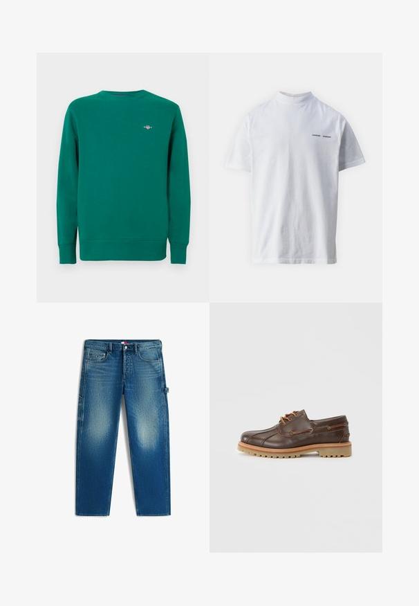 Sweat-shirt vert en tissu texturé, avec col rond et poignets côtelés. Comprend un petit logo sur le côté gauche de la poitrine.; T-shirt en coton blanc avec un col haut et des manches courtes. Présente le logo "SAMSØE SAMSØE" en noir sur le devant. Texture lisse.; Jean en denim bleu, coupe droite décontractée, avec poches avant, passants de ceinture et une boucle latérale sur la jambe droite.; Chaussure à lacets en cuir marron avec une finition texturée, semelle en caoutchouc de couleur crème, coutures décoratives et accents en métal sur les côtés.