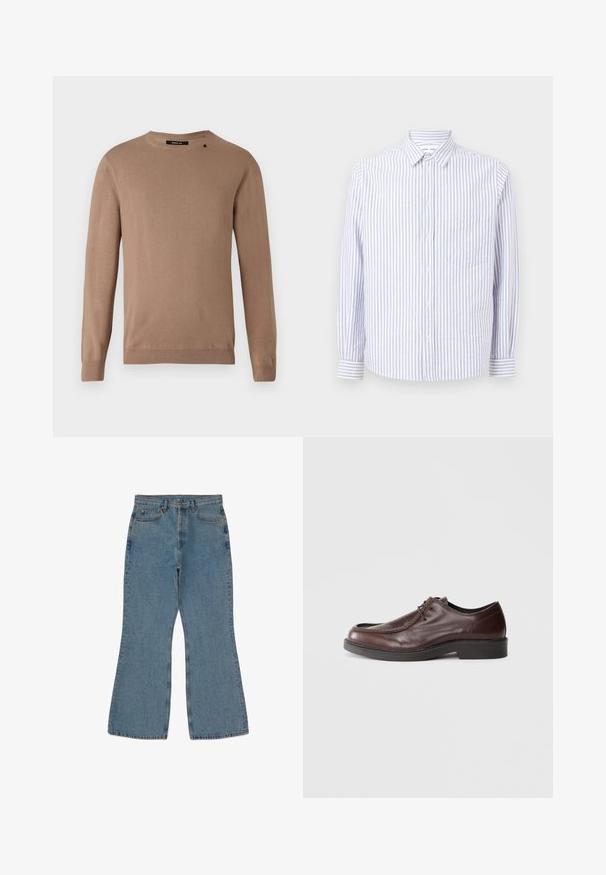 Beige langærmet sweater med rund halsudskæring, lavet af blødt, tekstureret stof. Har ribbede manchetter og søm samt en lille logodetalje.; Stribet skjorte i lyseblå og hvid. Har en spids krave, lange ærmer og en enkelt brystlomme. Bomuldsstof.; Lyseblå denim flare jeans med høj talje, synlige sømme og fem-lomme design. Stoffet har en blød, tekstureret overflade.; Brune lædersko med rund tå, minimal syning og en solid sort sål. Har snørelukning og en glat overflade.