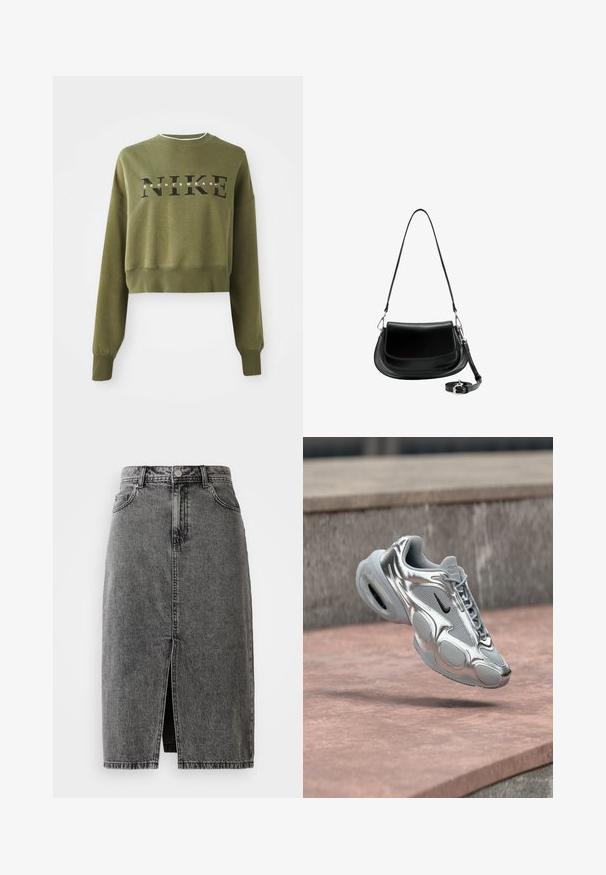 Oliivinvihreä lyhyt kunnallissweatshirt, jossa on pitkät hihat, pyöreä kaula-aukko ja musta 'NIKE' -logo rinnassa. Pehmeä kangas ja ribattu resori hihansuissa.; Korkeavyötäröinen, haalistunut musta farkku-midi-hame, jossa on etuhaalari, vyölenkit ja klassinen viisi-taskuinen muotoilu.; Hopea- ja harmaa Nike Air -lenkkari, jossa musta swoosh, leijuu vaaleanpunertavan betonipinnan ja kivireunuksen taustalla.; Musta nahkainen olkalaukku, jossa on läppäkiinnitys, irrotettava pitkä hihna kierrettynä pohjalle ja hopeanväriset yksityiskohdat valkoista taustaa vasten.