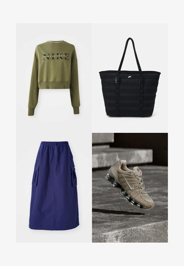 Sudadera corta de color verde oliva con mangas largas, cuello redondo y logo negro de 'NIKE' en el pecho. Tejido suave y puños acanalados.; Falda azul marino de longitud media con una cinturilla elástica, que presenta dos bolsillos laterales tipo cargo y un detalle de logotipo minimalista. Textura de tela suave.; Zapatilla de running Nike beige con acentos plateados y suela tipo muelle en el aire sobre escalones de hormigón con iluminación tenue.; Bolso tote de nailon negro con diseño de cintas horizontales, asas dobles y dos acentos decorativos de hardware. Pequeño logotipo en la parte frontal.