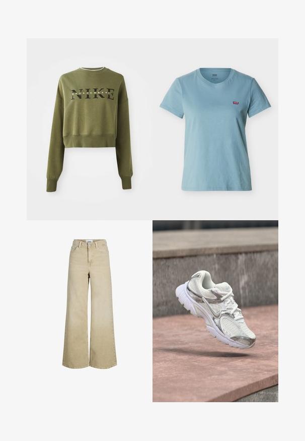 Sudadera corta de color verde oliva con mangas largas, cuello redondo y logo negro de 'NIKE' en el pecho. Tejido suave y puños acanalados.; Camiseta de manga corta de color azul claro con cuello redondo y parche del logo rojo de Levi's en el pecho izquierdo sobre fondo blanco.; Vaqueros beige de cintura alta y pierna ancha con botones y cremallera delanteros, trabillas para cinturón y bolsillos frontales.; Zapatilla de running de malla blanca y plateada flotando sobre un saliente de hormigón rosa con un fondo de pared de piedra gris.