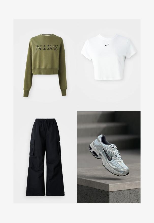 Olivovo zelená skrátená mikina s dlhými rukávmi, okrúhlym výstrihom a čiernym logom 'NIKE' na hrudi. Mäkká tkanina a rebrované manžety.; Biely skrátený tričko vyrobené z bavlny, s krátkymi rukávmi a okrúhlym výstrihom, s čiernym logom Nike na hrudi.; Čierne cargo nohavice so širokými nohavicami, elastickým pásom, nastaviteľnou šnúrkou a dvoma bočnými vreckami. Vyrobené z hladkej, ľahkej tkaniny.; Bielo-sivá bežecká topánka Nike s čiernym logom vznášajúca sa nad betónovým hranolom na rozmazanom sivom pozadí.
