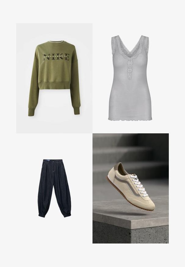 Oliivinvihreä lyhyt kunnallissweatshirt, jossa on pitkät hihat, pyöreä kaula-aukko ja musta 'NIKE' -logo rinnassa. Pehmeä kangas ja ribattu resori hihansuissa.; Harmaa toppi, jossa on V-pääntie ja pitsireunus, trendikäs pitsipaneeli keskellä ja aaltoilevat reunat helman kohdalla.; Vapaat tummansiniset denimpöksyt, joissa on laskokset vyötäröllä, etutaskut ja rypytetyt lahkeensuut nilkoissa.; Beige mokkanahkainen tennari valkoisilla nauhoilla ja ruskealla pohjalla, leijuu harmaan betonisen reunuksen yläpuolella sumuisen portaikon taustalla.