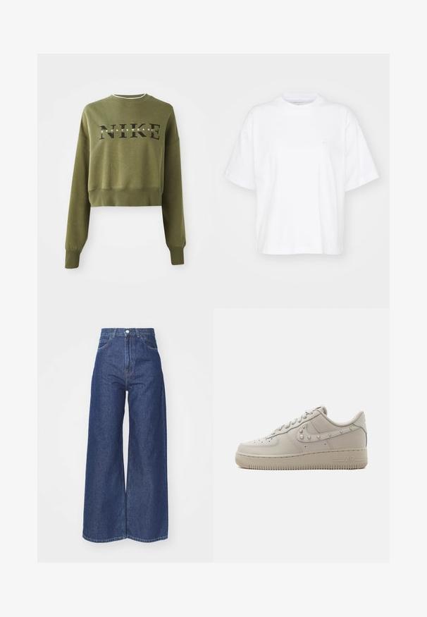 Olivenfarvet cropped sweatshirt med lange ærmer, rund halsudskæring og sort 'NIKE' logo over brystet. Blødt stof og ribbede manchetter.; Hvid bomulds t-shirt med rund hals, korte ærmer og en afslappet pasform. Har et diskret logo på venstre brystområde. Glat tekstur.; Bredde ben jeans lavet af mørkeblå denim. Høj talje med lynlås og knaplukning. Har klassisk fem-lomme stil og omfoldede kanter.; Lavtop beige læder sneaker med nitter på Nike swoosh, perforeret tå og tyk gummisål mærket "AIR" på siden.