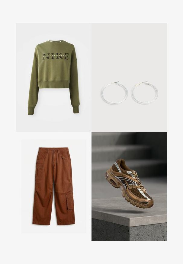 Sudadera corta de color verde oliva con mangas largas, cuello redondo y logo negro de 'NIKE' en el pecho. Tejido suave y puños acanalados.; Pantalones cargo marrones de pierna recta con cierre de botón, bolsillos laterales con solapa y bolsillos delanteros inclinados, extendidos en una superficie blanca.; Zapatilla Nike marrón y beige con detalles de malla y reflectantes flotando sobre un borde de hormigón contra un fondo gris borroso.; Pareja de pendientes de aro plateados brillantes con cierres de alambre delgado, mostrados sobre un fondo gris claro.