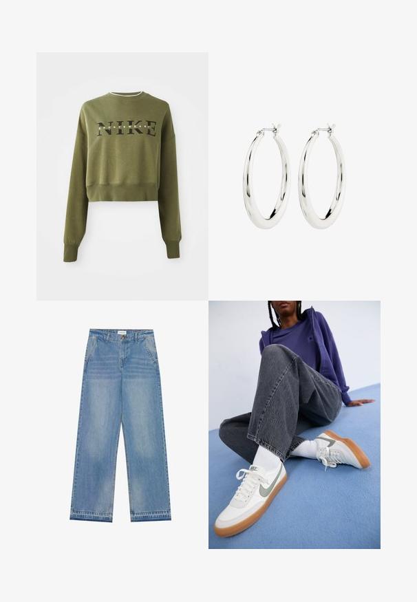 Sudadera corta de color verde oliva con mangas largas, cuello redondo y logo negro de 'NIKE' en el pecho. Tejido suave y puños acanalados.; Jeans de pierna ancha de cintura alta en azul claro con cierre de botón, bolsillos frontales, pasadores para cinturón y un sutil desgaste.; Zapatillas Nike blancas con detalles gris, suela de goma, usadas con calcetines blancos. Pantalones vaqueros de pierna ancha en gris oscuro, ligeramente desgastados. Fondo azul.; Pendientes de aro de plata con un acabado suave y brillante. Forma circular, con un cierre seguro. Diseño sencillo y elegante.