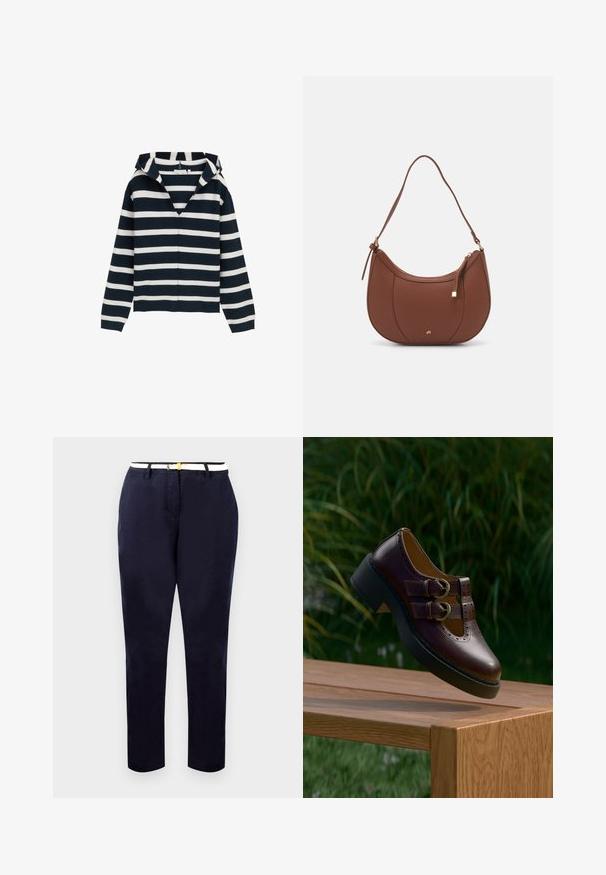 Marineblauwe en witte gestreepte trui, met V-hals ontwerp, lange mouwen, gemaakt van zacht materiaal, met een licht relaxte pasvorm en geribbelde manchetten.; Marineblauwe chinos met een slim fit, van katoen, en een witte riem met een goudkleurige gesp. Gladde textuur, rechte pijpen, minimalistisch design.; Donkerbruine leren schoen met dubbele gespbanden, geperforeerde details en dikke zwarte zool, hangend boven een houten tafel buiten.; Bruine faux leren schoudertas met een gebogen vorm, minimale stiksels en een gouden hardware-accent. Voorzien van een bovenste ritsluiting en een verstelbare schouderband.