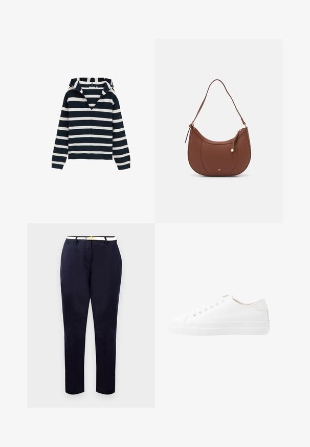 Marineblauwe en witte gestreepte trui, met V-hals ontwerp, lange mouwen, gemaakt van zacht materiaal, met een licht relaxte pasvorm en geribbelde manchetten.; Marineblauwe chinos met een slim fit, van katoen, en een witte riem met een goudkleurige gesp. Gladde textuur, rechte pijpen, minimalistisch design.; Witte canvas sneakers met een laag ontwerp, ronde neus, zes veteropeningen en een gestructureerde rubberen zool. Gladde materialen met minimale accenten.; Bruine faux leren schoudertas met een gebogen vorm, minimale stiksels en een gouden hardware-accent. Voorzien van een bovenste ritsluiting en een verstelbare schouderband.