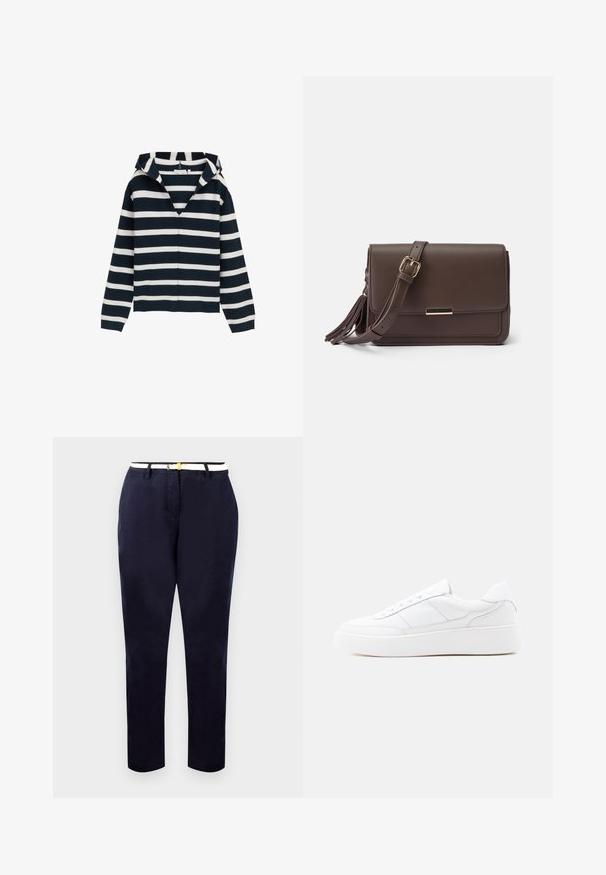 Marineblauwe en witte gestreepte trui, met V-hals ontwerp, lange mouwen, gemaakt van zacht materiaal, met een licht relaxte pasvorm en geribbelde manchetten.; Marineblauwe chinos met een slim fit, van katoen, en een witte riem met een goudkleurige gesp. Gladde textuur, rechte pijpen, minimalistisch design.; Witte lage sneaker met dikke zool, veterontwerp en subtiele stikselaccenten op een effen lichte achtergrond.; Bruine faux leren schoudertas met een flapsluiting, gouden hardware en een zijtassel. Verstelbare schouderband voor veelzijdig gebruik.