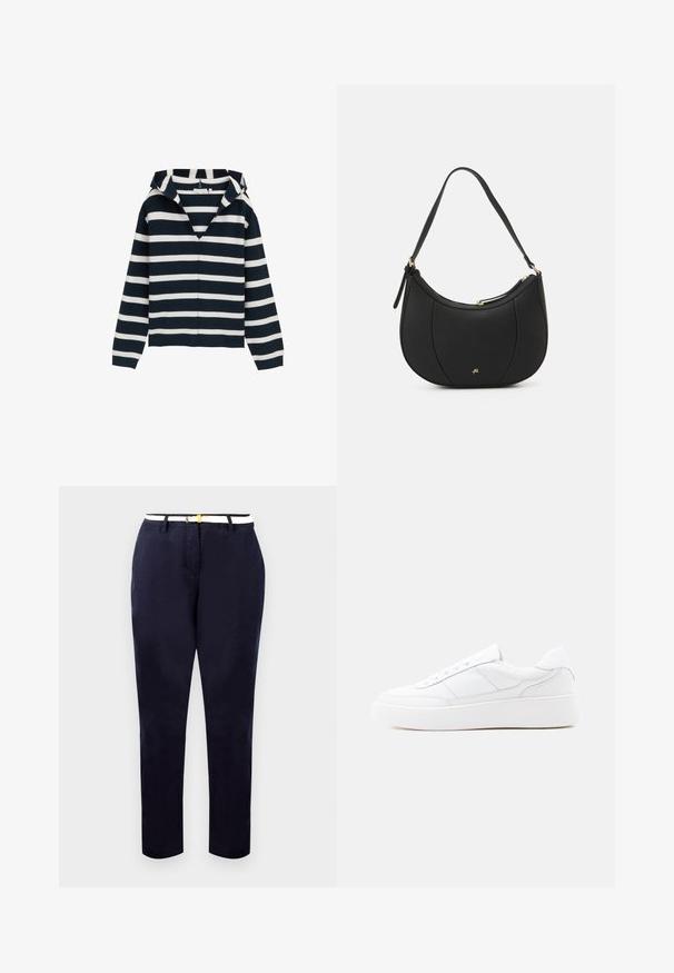 Marineblauwe en witte gestreepte trui, met V-hals ontwerp, lange mouwen, gemaakt van zacht materiaal, met een licht relaxte pasvorm en geribbelde manchetten.; Marineblauwe chinos met een slim fit, van katoen, en een witte riem met een goudkleurige gesp. Gladde textuur, rechte pijpen, minimalistisch design.; Witte lage sneaker met dikke zool, veterontwerp en subtiele stikselaccenten op een effen lichte achtergrond.; Zwarte leren handtas met een gebogen vorm, textuuroppervlak, voornaden en een logo in goudkleur. Beschikt over een enkele verstelbare schouderband.