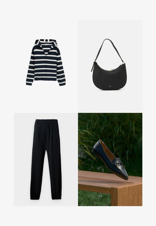 Marineblåt og hvidt stribet sweater, v-hals design, lange ærmer, lavet af blødt materiale, med en let afslappet pasform og ribbede manchetter.; Sorte bukser med elastisk talje, knaplukning, lige ben og samlede manchetter. Fremstillet af et glat, let materiale.; Sort læderloafer med detaljeret sløjfe, der svæver over en træbænk med grøn græs og planter i baggrunden.; Sort læderhåndtaske med en buet form, struktureret overflade, forreste syninger og et logo i guldfarve. Har en enkelt justerbar rem.
