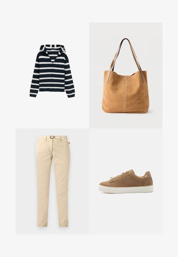 Pull marin et blanc à rayures, design en V, à manches longues, fabriqué à partir d'un matériau doux, avec une coupe légèrement décontractée et des poignets côtelés.; Chinos beige en coton avec une texture lisse, dotés d'une ceinture tissée et de poches standard. Coupe slim avec des jambes droites.; Anna Field by Zalando Baskets basses - cognac; Sac fourre-tout en daim beige avec de longues anses en cuir marron clair, texture douce et couture simple sur un fond blanc uni.