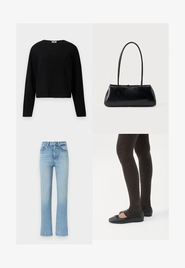 Pull en maille noir à manches longues, court, avec un col rond et une coupe décontractée, présenté sur un fond blanc.; Jeans bleu clair taille haute à jambes droites avec bouton à l'avant, fermeture éclair et design à cinq poches sur fond blanc.; Jambes portant des leggings côtelés foncés associés à des ballerines noires avec de petits détails en nœud sur fond blanc.; Sac à épaule rectangulaire noir avec de longues bretelles fines et une texture lisse et brillante sur un fond uni.