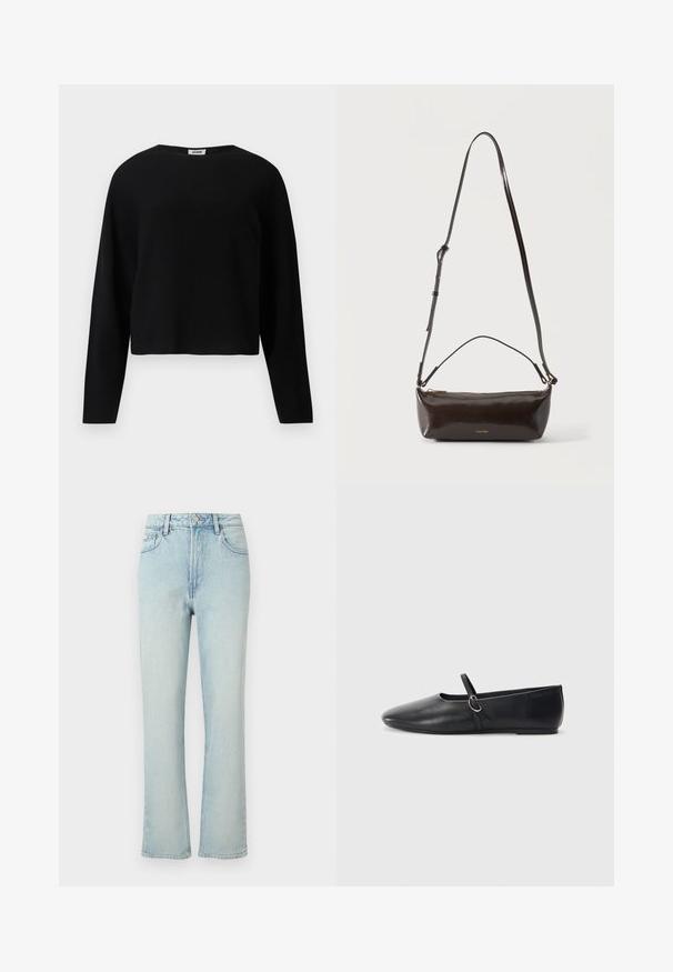 Pull en maille noir à manches longues, court, avec un col rond et une coupe décontractée, présenté sur un fond blanc.; Jean bleu clair taille haute à jambes droites avec bouton avant, passants de ceinture et design classique à cinq poches sur fond uni.; Ballerines noires en cuir avec un bout pointu, une semelle plate et une petite sangle avec un détail de boucle en argent.; Petit sac à bandoulière en cuir marron foncé brillant avec bandoulière réglable, poignée supérieure et fermeture éclair dorée.