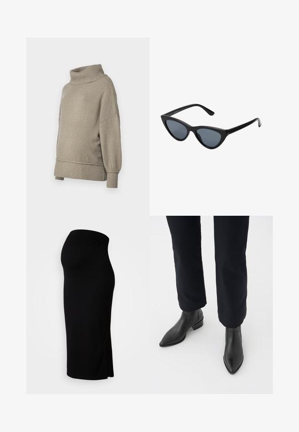 Pull en tricot gris clair avec un col côtelé haut et des poignets côtelés. Coupe ample avec une texture douce, présentant des coutures d'épaule descendues.; MAMALICIOUS MLLIF MIDI SKIRT - Jupe crayon - black; Bottines en cuir noir à bout pointu, avec un talon épais et des panneaux latéraux texturés, portées avec un pantalon sombre sur fond blanc.; Lunettes de soleil noires en forme d'œil de chat avec des verres gris foncé, monture en plastique élégante, coins pointus et branches droites. Pas de métal visible ni d'accents.