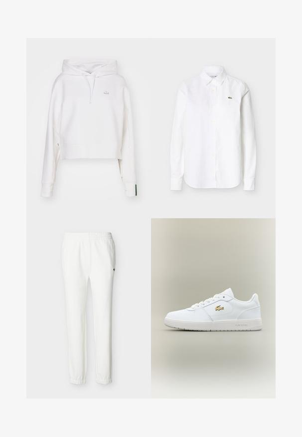 Sweat à capuche court blanc en mélange de coton, avec un cordon de serrage à la capuche, des poignets côtelés et un petit logo brodé sur la poitrine.; Chemise blanche à manches longues avec col et boutons, ornée d'un petit logo crocodile vert sur la poitrine gauche.; Pantalon de jogging blanc décontracté avec taille et chevilles élastiques, doté d'un petit logo brodé sur la cuisse supérieure.; Baskets en cuir blanc avec un design basse, bout arrondi, fermeture à lacets et un accent du logo doré Lacoste sur le côté.