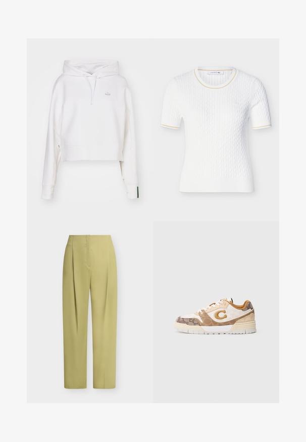 Sudadera corta blanca hecha de una mezcla de algodón, con capucha ajustable, puños acanalados y un pequeño logo bordado en el pecho.; Top de punto blanco de manga corta con patrón de cable, escote redondo, sutil ribete beige en el cuello y los bordes de las mangas, y pequeño logo bordado en el pecho.; Pantalones de tiro alto y pierna recta en verde oliva claro, con pliegues delanteros y cierre frontal oculto sobre fondo blanco.; Zapatilla baja con paneles beige, blanco y marrón con patrón, cordones blancos, un logo "C" color canela en el lateral y una suela gruesa de color blanco roto.