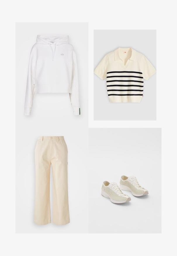 Sudadera corta blanca hecha de una mezcla de algodón, con capucha ajustable, puños acanalados y un pequeño logo bordado en el pecho.; Polo de punto crema de manga corta con rayas horizontales negras, cuello abierto y dobladillo acanalado, presentado extendido sobre un fondo gris.; Pantalones de pierna ancha de color beige claro, hechos de algodón con una textura suave, que cuentan con un cierre frontal de botón y bolsillos laterales.; Zapatillas deportivas color beige claro fabricadas con material perforado. Presentan cordones en crema, punta redondeada y una suela de goma texturizada con sutiles acentos.