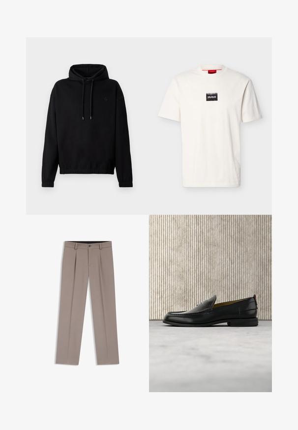 Zwarte pullover hoodie met een trekkoord capuchon, elastische mouwen en onderkant. Heeft een klein, tone-on-tone logo op de borst. Zachte stoftextuur.; Witte T-shirt met korte mouwen en ronde hals, met een kleine zwarte rechthoekige patch en witte "HUGO" tekst op de borst.; Lichtbruine, op maat gemaakte herensbroek met ceintuurlussen, plooien, knopen aan de voorkant en ritssluiting, plat gelegd op een witte achtergrond.; Zwarte leren herenslipper met een krokodillen-embossed voorblad en een lage hak, zij-aanzicht op een neutrale achtergrond.