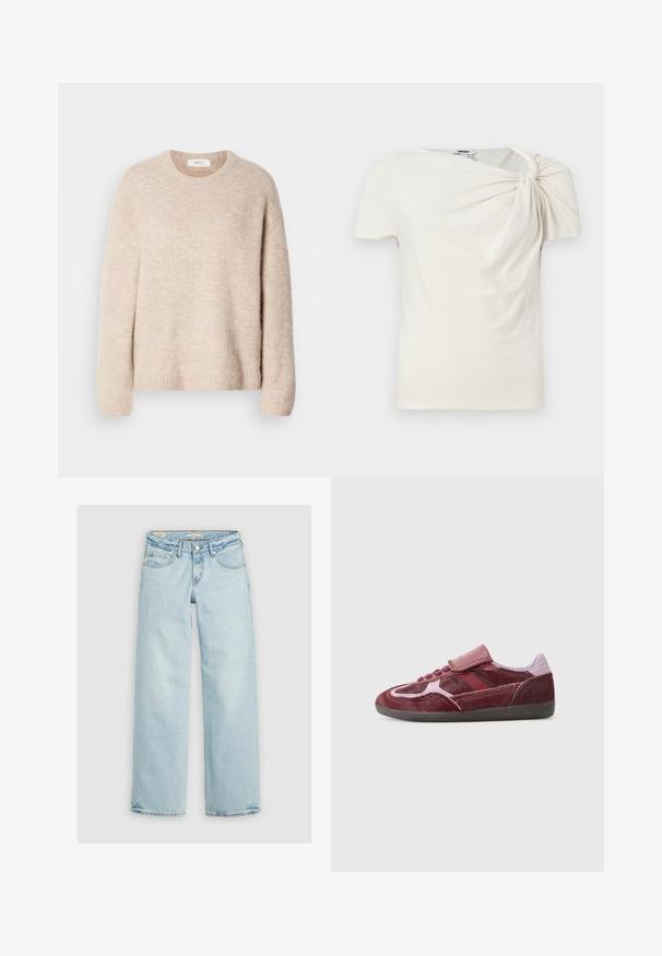 Beige strikket sweater med rund hals, lange ærmer og ribkant. Blødt, tekstureret stof med en afslappet pasform.; Top i cremefarvet med korte ærmer med en snoet knude på højre skulder, der skaber samlet stof hen over brystet.; Lyseblå jeans med vid benvidde, lavet af denim. Har klassisk fem-lomme-design, knaplukning og syning på lommerne.; Røde ruskinds sneakers med en glat tå, teksturerede sider, tonede snørebånd og en velcro-rem. Har en holdbar sort gummisål.