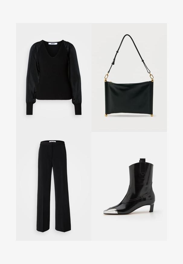 Pull noir DKNY à manches longues avec encolure en V, corps et poignets côtelés, et manches bouffantes en tissu lisse.; Pantalon large noir avec une texture lisse, muni d'une taille ajustée et d'un design minimaliste. Pas de motifs ou d'accents visibles.; ALOHAS SHIMMER BICOLOR BOOTS - Bottines - black/silver; Sac à main rectangulaire en cuir noir avec bandoulière ajustable, ferrures dorées et fermeture éclair, posé verticalement sur un fond blanc.