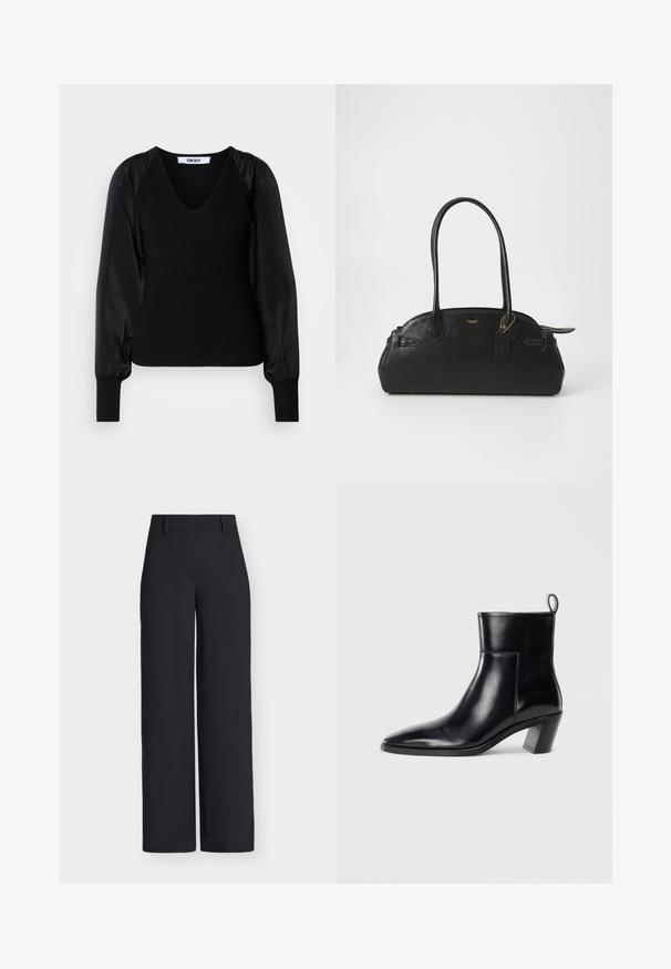 Pull noir DKNY à manches longues avec encolure en V, corps et poignets côtelés, et manches bouffantes en tissu lisse.; Pantalon noir taille haute à jambes larges, avec passants pour ceinture et fermeture dissimulée à l'avant.; Bottine en cuir noir avec un bout pointu, un talon empilé géométrique et une languette à l'arrière. Texture lisse et design épuré.; Sac à main en cuir noir de forme arrondie, avec deux longues poignées, des éléments en métal doré et une petite étiquette accrochée. Fermeture zippée sur le dessus.