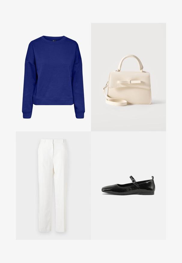 Sweatshirt bleu en tissu doux, avec un col rond, des manches longues et une coupe décontractée, doté de poignets et d'un ourlet côtelés.; Pantalon blanc à jambes droites en tissu léger avec une légère texture. Comprend des poches avant et un pli unique pour plus de détails.; Chaussure plate en cuir verni noir avec un bout pointu, une sangle de cheville avec boucles, et une texture lisse et brillante. Talon bas pour le confort.; Petit sac à main beige avec poignée supérieure, bandoulière amovible, rabat avant et nœud horizontal décoratif sur un fond uni.