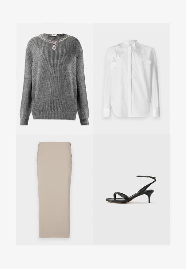 Grå strikket sweater med ribbet struktur, rund halsudskæring og pyntet med juvelaccent ved kraven, der har lilla og klare sten.; Hvid langærmet skjorte i bomuld med ståkrave. Har lagdelte flæse-accents på skuldrene og knaplukning foran.; Beige blyantskørt lavet af glat stof, med knapper i siden, en strømlinet silhuet og uden synlige lommer eller mønstre.; Sort damesandal i læder med tynde remme, en tå-loop, ankelspænde og en mellemhøj stiletthæl på en neutral baggrund.