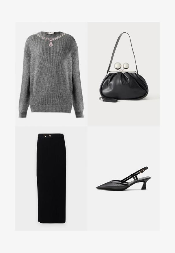 Grå strikket sweater med ribbet struktur, rund halsudskæring og pyntet med juvelaccent ved kraven, der har lilla og klare sten.; AERON FORUM - Pencil skirt - black; Sort spids tå slingback-sko med mesh-øverdel, tynde stropper, guldlås og lav buet hæl på hvid baggrund.; Sort læderhåndtaske med opsamlet design, en enkelt rem, sølv metalramme og to store runde sølv lukninger.