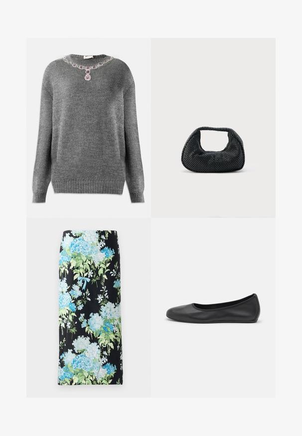 Pull en tricot gris avec texture côtelée, décolleté rond et accent bijou orné au col avec des pierres violettes et transparentes.; Jupe crayon florale en tissu noir, ornée de grandes hortensias bleues et vertes et de petites fleurs blanches, accentuée d'un nœud bleu clair.; Ballerines en cuir noir avec un bout rond, texture lisse, détails de couture minimalistes et design de semelle flexible.; Sac hobo tissé noir avec une structure souple et une poignée intégrée, présenté sur un fond clair uni.