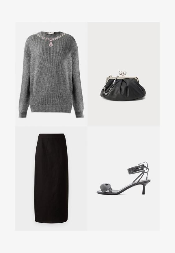 Pull en tricot gris avec texture côtelée, décolleté rond et accent bijou orné au col avec des pierres violettes et transparentes.; Jupe midi noire en tissu léger. Elle présente une silhouette droite, une texture lisse et une taille simple sans embellissements.; Sandale à talon en cuir gris avec une bride nouée sur les orteils et des lacets enroulants autour de la cheville, sur un talon moyen et fin, sur fond blanc.; Porte-monnaie en cuir noir avec texture froncée, cadre en métal argenté, fermeture à verrouillage kiss-lock et bandoulière en chaîne. Surface lisse et douce.
