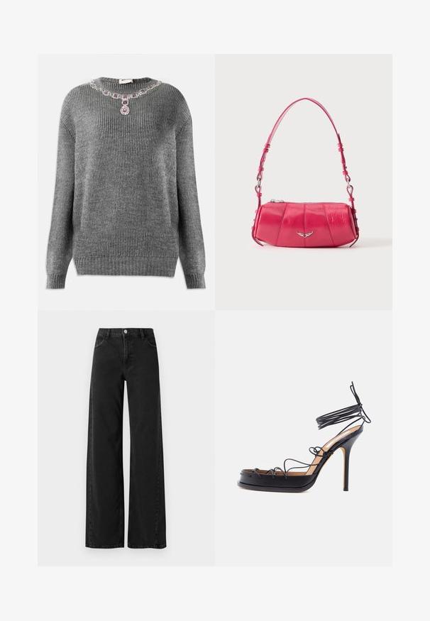 Pull en tricot gris avec texture côtelée, décolleté rond et accent bijou orné au col avec des pierres violettes et transparentes.; Jean en denim noir à jambes larges avec taille haute, présentant un style classique à cinq poches et une fermeture à bouton. Texture lisse et détails de couture subtils.; Sandale noire à talon haut avec des fines lanières en cuir entourant le pied et la cheville, dotée d'un talon aigu en forme de stiletto.; Petit sac à bandoulière en cuir rose brillant avec emblème d’aile argenté et bandoulière réglable, fermeture éclair sur le dessus, présenté sur fond blanc.