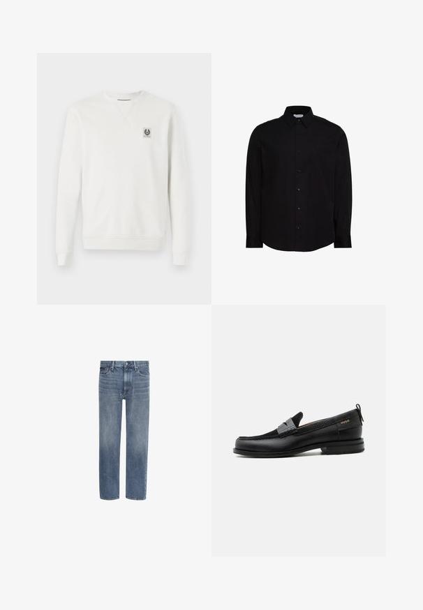 Sweatshirt blanc en coton, col rond, bords-côtes aux poignets et à l'ourlet, avec un petit logo brodé sur la poitrine, design minimaliste.; Chemise noire à manches longues avec boutons, fabriquée en tissu lisse. Elle présente un col classique, une patte de boutonnage à l'avant, et un petit logo sur la poitrine.; Jean en denim bleu à jambes droites, avec poches avant, passants de ceinture et fermeture par bouton.; Mocassin en cuir noir avec détail de bride grise, talon bas et semelle texturée, marqué "HUGO" en or sur le côté.