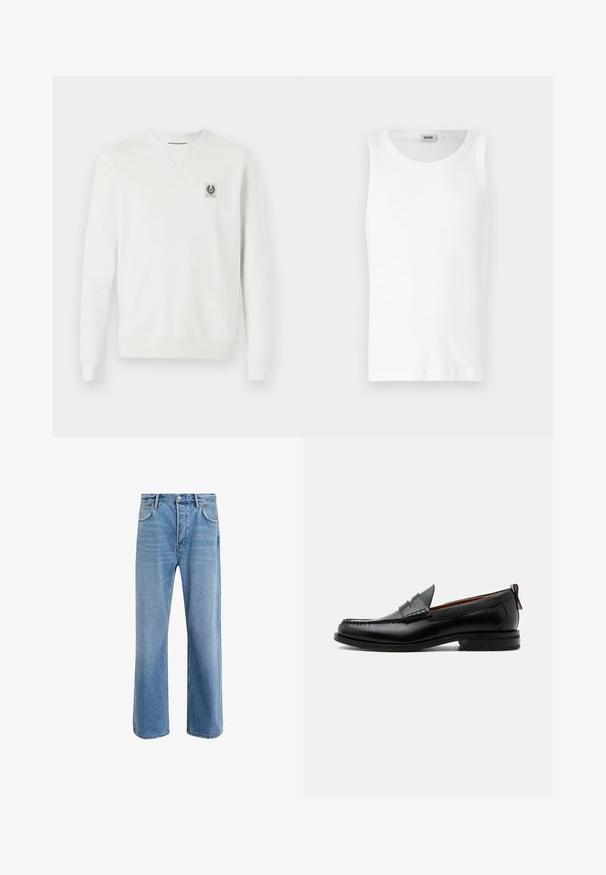 Sweatshirt blanc en coton, col rond, bords-côtes aux poignets et à l'ourlet, avec un petit logo brodé sur la poitrine, design minimaliste.; Débardeur en coton blanc sans manches avec un col rond et une texture lisse. Design simple, sans motifs ni accents.; Jeans en denim bleu clair avec une coupe droite, cinq poches, fermeture à bouton, peu d'usure et des détails de couture contrastés.; Mocassin homme en cuir noir avec couture moc toe, bride penny, col texturé et petit talon empilé sur fond blanc.