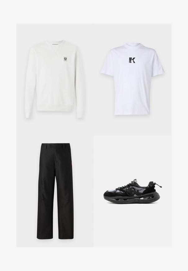 Hvid sweatshirt, bomuldsstof, rund halsudskæring, ribbede manchetter og kant, har et lille logo-patch på brystet, minimalisk design.; Hvid bomulds-t-shirt med et sort grafisk logo, der har bogstavet "K" i et firkantet design. Klassisk rund hals og korte ærmer.; Sorte bukser med bred benvidde lavet af glat stof, med flad front, bæltestropper og to sidelommer. Rød logoaccent på siden.; Sort og hvid sportssko med mesh overdel, tyk sål med åben luftpude og justerbar snøretræk ved hælen.