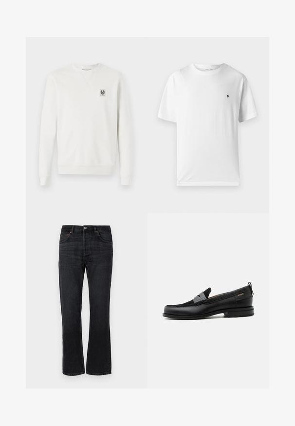 Weißes Sweatshirt aus Baumwollstoff, Rundhalsausschnitt, gerippte Bündchen und Saum, mit einem kleinen Logo-Patch auf der Brust, minimalistisches Design.; Weißes Baumwoll-T-Shirt mit rundem Halsausschnitt, kurzen Ärmeln und einem kleinen schwarzen Logo auf der Brust. Weicher Stoff, lässige Passform.; Schwarze Jeans aus Denim mit geradem Schnitt, fünf Taschen und orangen Nähten. Glatte Textur und minimale Ausbleichungen.; Schwarzer Lederloafer mit grauem Riemendetail, niedrigem Absatz und strukturierter Sohle, seitlich mit „HUGO“ in Gold gebrandmarkt.