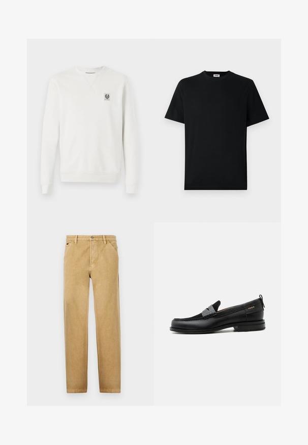 Valkoinen collegepaita, puuvillakangasta, pyöreä kaulaosa, ribbaatut hihansuut ja helma, rintaosassa pieni logopatch, minimalistinen muotoilu.; Lyhythihaisessa mustassa crew neck -t-paidassa, joka on aseteltu tasaiseksi valkoista taustaa vasten, on pieni brändilogo kauluksessa.; Vaaleat chinot suoranlahkeisella muotoilulla, valmistettu pehmeästä kankaasta. Ominaisuuksiin kuuluvat etutaskut, nappisulku ja hienovaraiset ompeluyksityiskohdat.; Musta nahkalesti harmaalla remmikoristeella, matala korko ja teksturoitu pohja, sivustalla kullanvärisellä "HUGO"-brändillä.