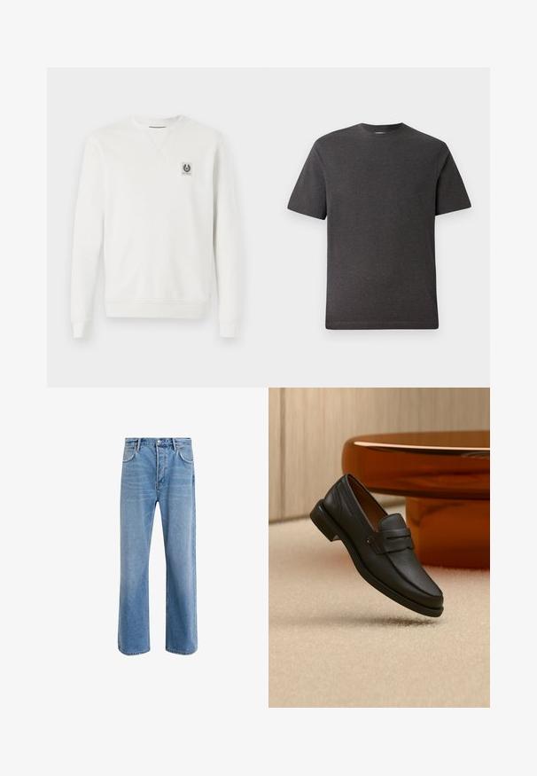 Hvid sweatshirt, bomuldsstof, rund halsudskæring, ribbede manchetter og kant, har et lille logo-patch på brystet, minimalisk design.; Grå kortærmet t-shirt lavet af et blødt, let stof med rund hals og minimale sømme. Velegnet til afslappet brug.; Lyseblå denim jeans med lige ben-design, fem lommer, knaplukning, minimal falming og kontraststingdetaljer.; Sort læder herreloafer med bånd tværs over toppen, vist på beige tæppe nær et brunt moderne rundt bord.