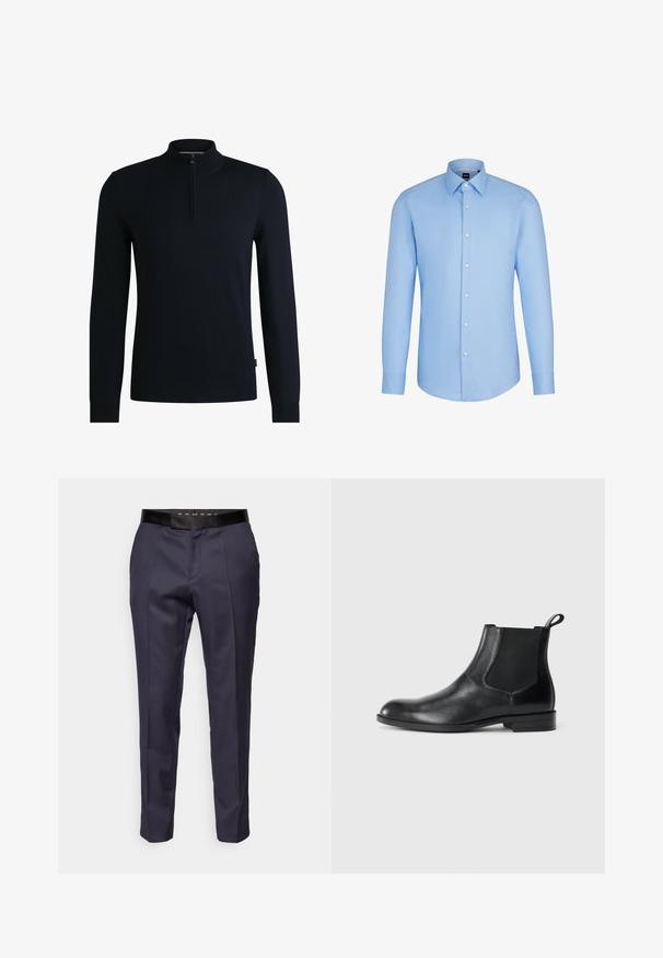 Mørk navy pullover trøje med høj krave og halv lynlås lukning. Fremstillet af glat strikstof med ribbede manchetter og kant. Simpelt design.; Lysere blå skjorte i bomuld med klassisk krave, lange ærmer og en frontstolpe med hvide knapper.; Marineblå skræddersyede bukser med en glat tekstur, der har en sort talje og kantdetaljer langs fronten for et formelt udseende.; Sorte læder ankelstøvler med elastiske sidepaneler, rund tå og en trækloft. Glat tekstur, flad sål, minimalistisk design.