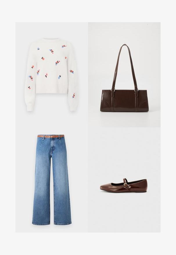 Suéter blanco de punto con patrones florales bordados en rosa, azul y negro. Presenta un cuello redondo y puños acanalados.; Jeans de denim azul de pierna ancha con un lavado claro, que presentan un cinturón marrón, bolsillos frontales y un diseño clásico de cinco bolsillos.; Bailarina de charol marrón con punta cuadrada y tira que presenta una pequeña hebilla dorada. Textura suave, tacón bajo y diseño minimalista.; Bolso de mano de piel sintética marrón con forma rectangular, dos asas largas y sutiles acentos curvados en la parte delantera.