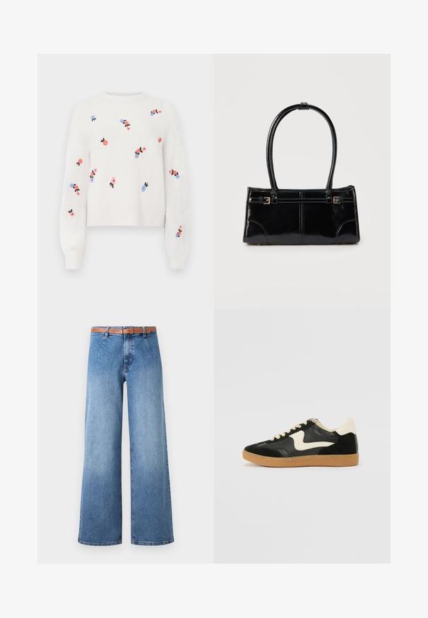 Pull en tricot blanc avec des motifs floraux brodés en rose, bleu et noir. Il possède un col rond et des poignets côtelés.; Jeans en denim bleu à jambes larges avec un délavage léger, dotés d'une ceinture marron, de poches avant et d'un design classique à cinq poches.; Baskets en daim et cuir noir avec un swoosh latéral crème et un talon crème clair. Dotées de lacets beige et d'une semelle en caoutchouc gomme.; Sac à main rectangulaire noir brillant avec deux fines bretelles et petits détails de boucles dorées à l'avant.