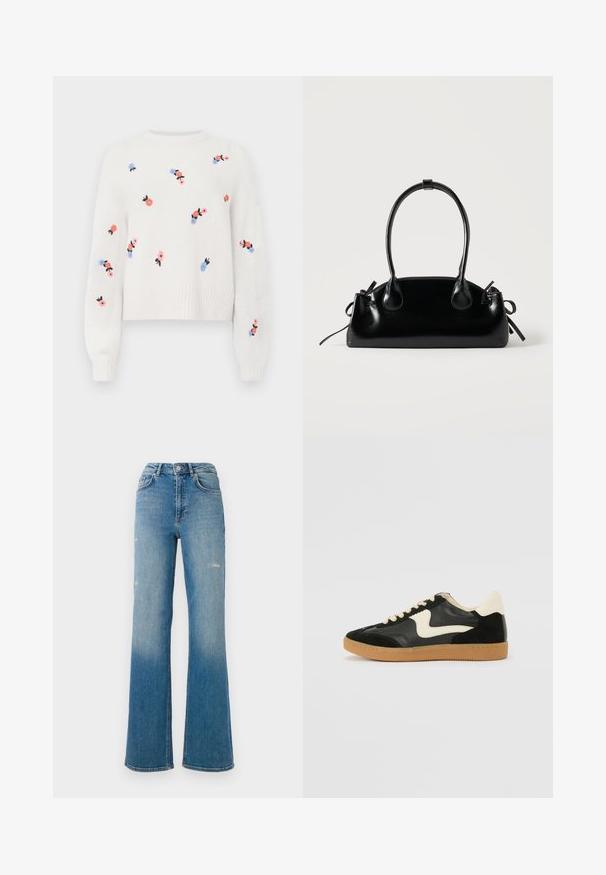 Witte gebreide trui met geborduurde bloemenpatronen in roze, blauw en zwart. Heeft een ronde halslijn en ribbelboorden.; Hoge taille blauwe denim jeans met lichte slijtage op de dijen, vijf zakken stijl, en een uitlopend pasvorm.; Zwarte suède en leren sneaker met een crèmekleurige zij-swoosh en lichte crèmekleurige hiel. Voorzien van beige veters en een gumrubberen zool.; Kleine zwarte glanzende handtas met twee lange hengsels en zijkant trekkoord details op een effen lichte achtergrond.