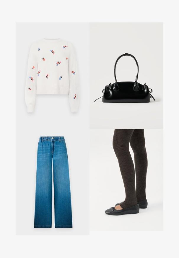 Pull en tricot blanc avec des motifs floraux brodés en rose, bleu et noir. Il possède un col rond et des poignets côtelés.; Jean à jambes larges en denim bleu clair, dotés d'une taille élastique, d'une fermeture à bouton et d'un design droit avec un effet décoloré.; Jambes portant des leggings côtelés foncés associés à des ballerines noires avec de petits détails en nœud sur fond blanc.; Petit sac à main noir brillant avec deux longues anses et des détails à cordon sur les côtés sur un fond clair uni.