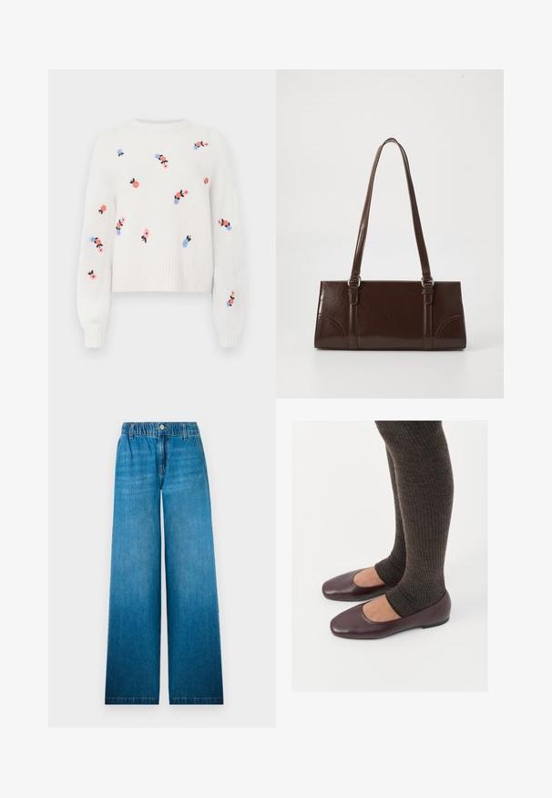 Witte gebreide trui met geborduurde bloemenpatronen in roze, blauw en zwart. Heeft een ronde halslijn en ribbelboorden.; Wijdere jeans van lichtblauwe denim, met een elastische tailleband, een knoopsluiting en een recht gesneden ontwerp met een vervaagd effect.; Bordeaux lakleren ballerina's met een vierkante neus, gecombineerd met donkerbruine geribbelde sokken die tot halverwege de kuit reiken.; Bruine lakleren handtas met een rechthoekige vorm, twee lange handvatten en subtiele gebogen accenten aan de voorkant.