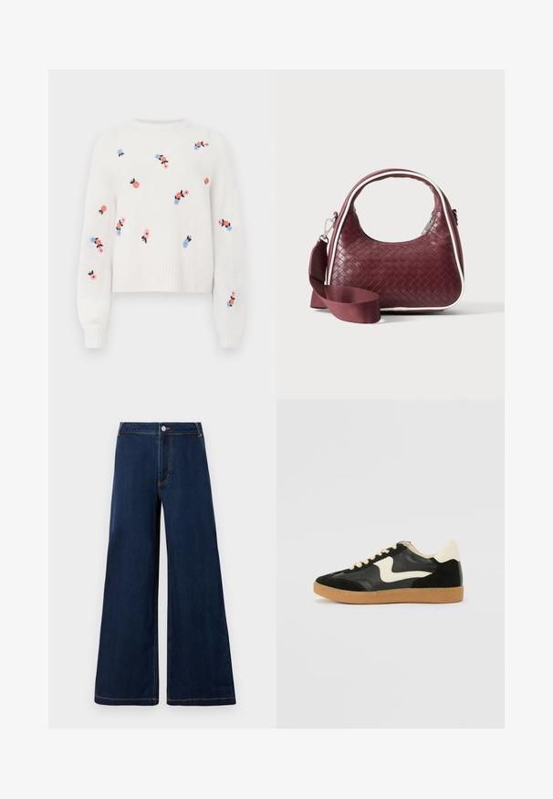Suéter blanco de punto con patrones florales bordados en rosa, azul y negro. Presenta un cuello redondo y puños acanalados.; Jeans de mezclilla de pierna ancha en azul oscuro con costuras doradas, que cuentan con un cierre de botón y cremallera en la parte delantera, y un diseño clásico de cinco bolsillos.; Zapatillas de deporte de ante y cuero negro con un swoosh lateral en crema y un talón en crema claro. Presenta cordones beige y una suela de goma marrón.; Bolso de mano de cuero tejido color granate con asa curva, ribete blanco, cremallera plateada y correa desmontable de tela ancha para el hombro sobre fondo liso.