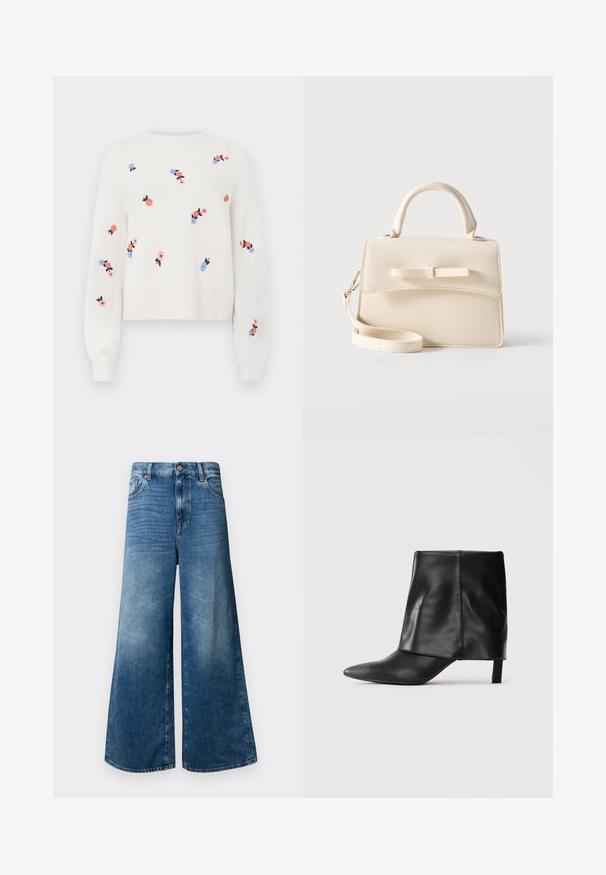 Hvid strikket sweater med broderede blomsterdesigns i pink, blå og sort. Har en rund hals og ribstrikkede manchetter.; Bredde denim jeans i mellemblå med et klassisk fem-lomme design, knaplukning og let falmning for ekstra tekstur.; Sort læderstøvle til midten af læggen med spids tå, foldet øvre skaft og slank lav hæl, der står på hvid baggrund.; Lille beige håndtaske med top-håndtag, aftagelig rem, forreste klap og dekorativ vandret sløjfe på en ensfarvet baggrund.