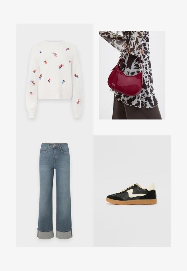 Witte gebreide trui met geborduurde bloemenpatronen in roze, blauw en zwart. Heeft een ronde halslijn en ribbelboorden.; Wijdvallende blauwe denim jeans hebben een hoge taille, opgerolde hems met grijze accenten, een vijf-pocket ontwerp en een knoopsluiting aan de voorkant.; Zwarte suède en leren sneaker met een crèmekleurige zij-swoosh en lichte crèmekleurige hiel. Voorzien van beige veters en een gumrubberen zool.; Vrouw met een zwart-wit gebloemde blouse houdt een glanzende rode schoudertas vast tegen een effen achtergrond.