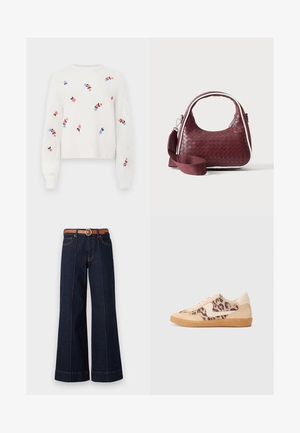 Witte gebreide trui met geborduurde bloemenpatronen in roze, blauw en zwart. Heeft een ronde halslijn en ribbelboorden.; Donkerblauwe denim wijde pijpen jeans met een hoge taille, een brown riem en zichtbare stikseldetails. Bevat voorzakken en heeft een relaxed fit.; Luipaardprint sneakers met een beige suède bovenkant, tan rubberen zool en witte accenten. Ronde neus en vetersluiting met een gestructureerde afwerking.; Donkerrode geweven leren handtas met gebogen handvat, witte bies, zilveren rits en afneembare brede stoffen schouderriem tegen een effen achtergrond.