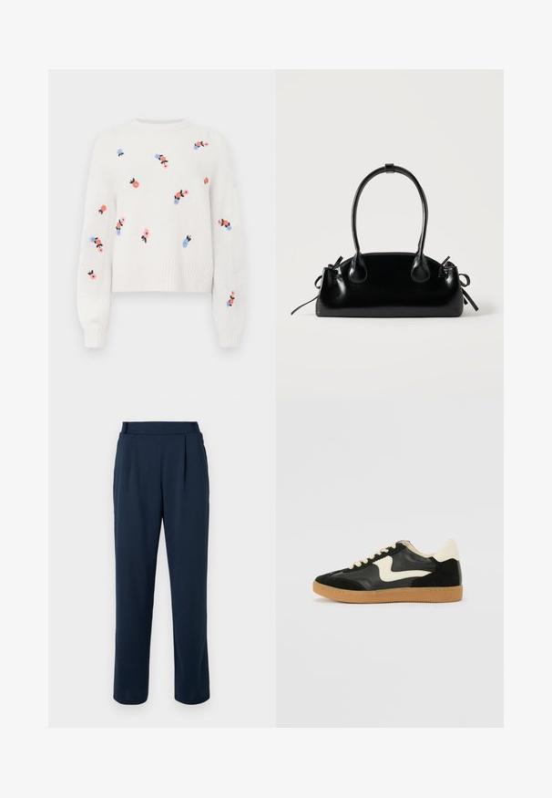 Hvid strikket sweater med broderede blomsterdesigns i pink, blå og sort. Har en rund hals og ribstrikkede manchetter.; Marineblå bukser med straight-leg design, der har høj talje, folder og en glat, blød tekstur. Ingen synligt hardware eller mønstre.; Sorte ruskinds- og lædersneakers med en cremefarvet side-swoosh og lys cremefarvet hæl. Har beige snørebånd og en gummirubber-sål.; Lille sort blank håndtaske med to lange håndtag og snøre-detaljer i siden på en ensfarvet lys baggrund.