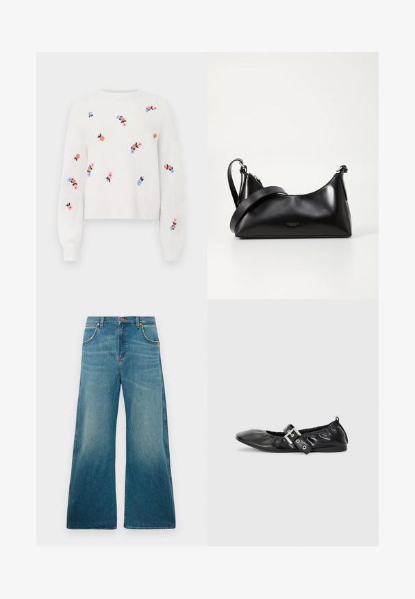 Pull en tricot blanc avec des motifs floraux brodés en rose, bleu et noir. Il possède un col rond et des poignets côtelés.; Jeans en denim bleu taille haute avec jambes larges, poches avant, fermeture à bouton et dégradé de couleur usé allant de la taille à l'ourlet.; Chaussure plate en cuir noir avec un nez pointu, des détails froncés autour de l'ouverture et un accent en boucle argentée sur la bride ajustable.; Sac à main en cuir noir avec une texture lisse. Dispose d'une bandoulière adjustable et d'un design élégant et minimaliste avec une fermeture éclair.